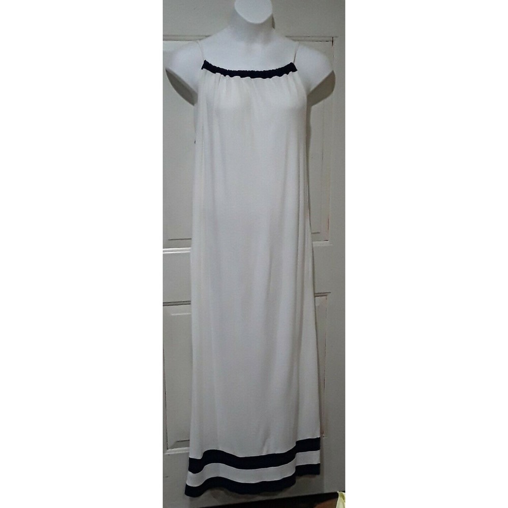 Vintage Womens Nightgown, Pinehurst Cream and Navy Floor Length 1960 Loungewear